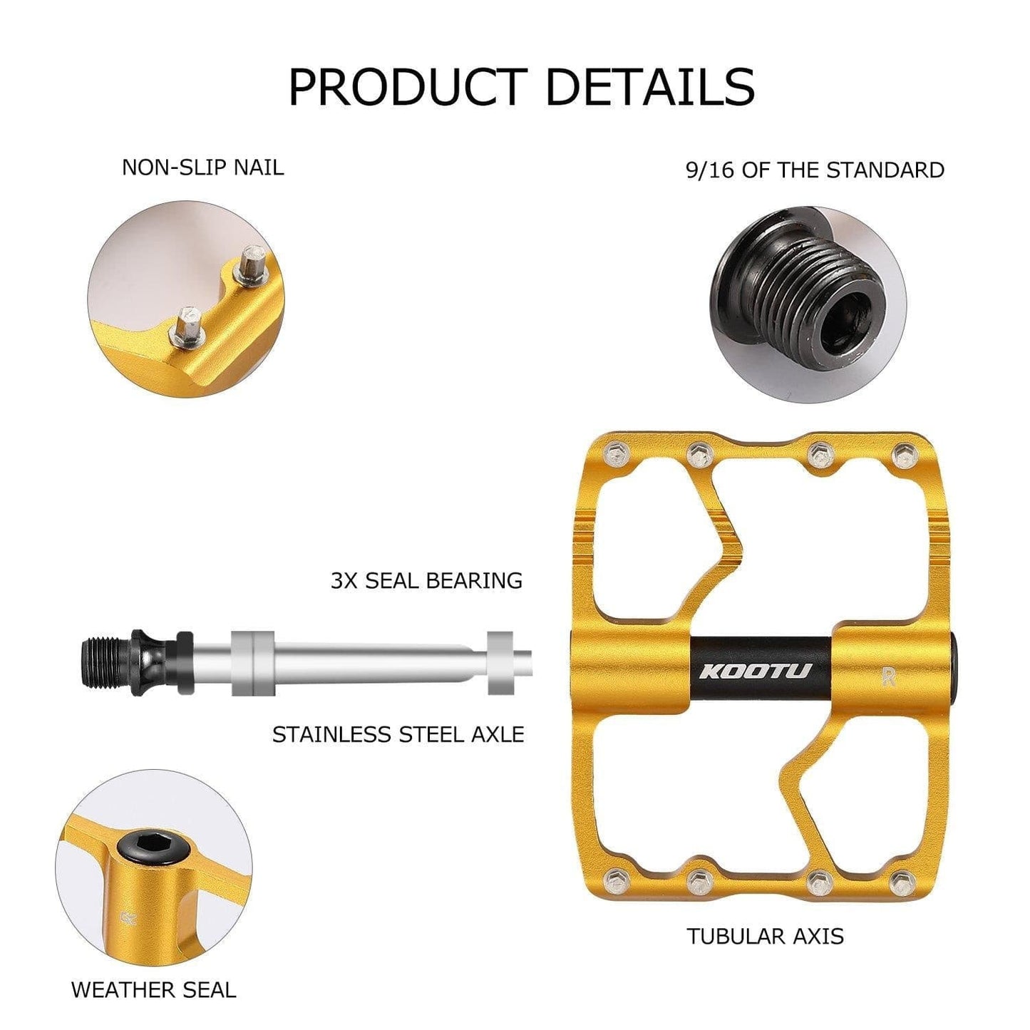 Mountain Bike Pedals 3 Bearing Golden Pedals 9/16 Universal Mountain Bike Pedals - KOOTUBIKE