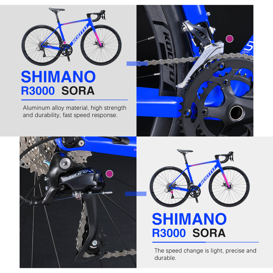 Shimano sora R3000 derailleur system-kootu r12 carbon road bike with shimano sora r3000 18 speed