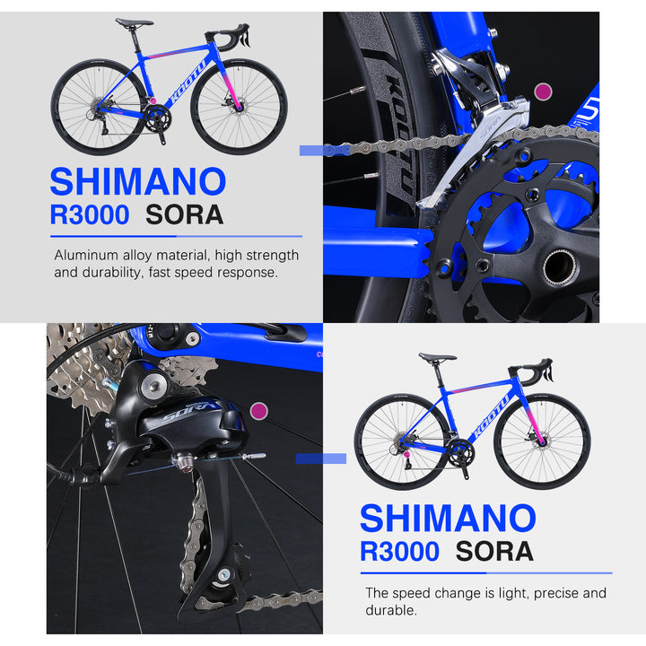 Shimano sora R3000 derailleur system-kootu r12 carbon road bike with shimano sora r3000 18 speed